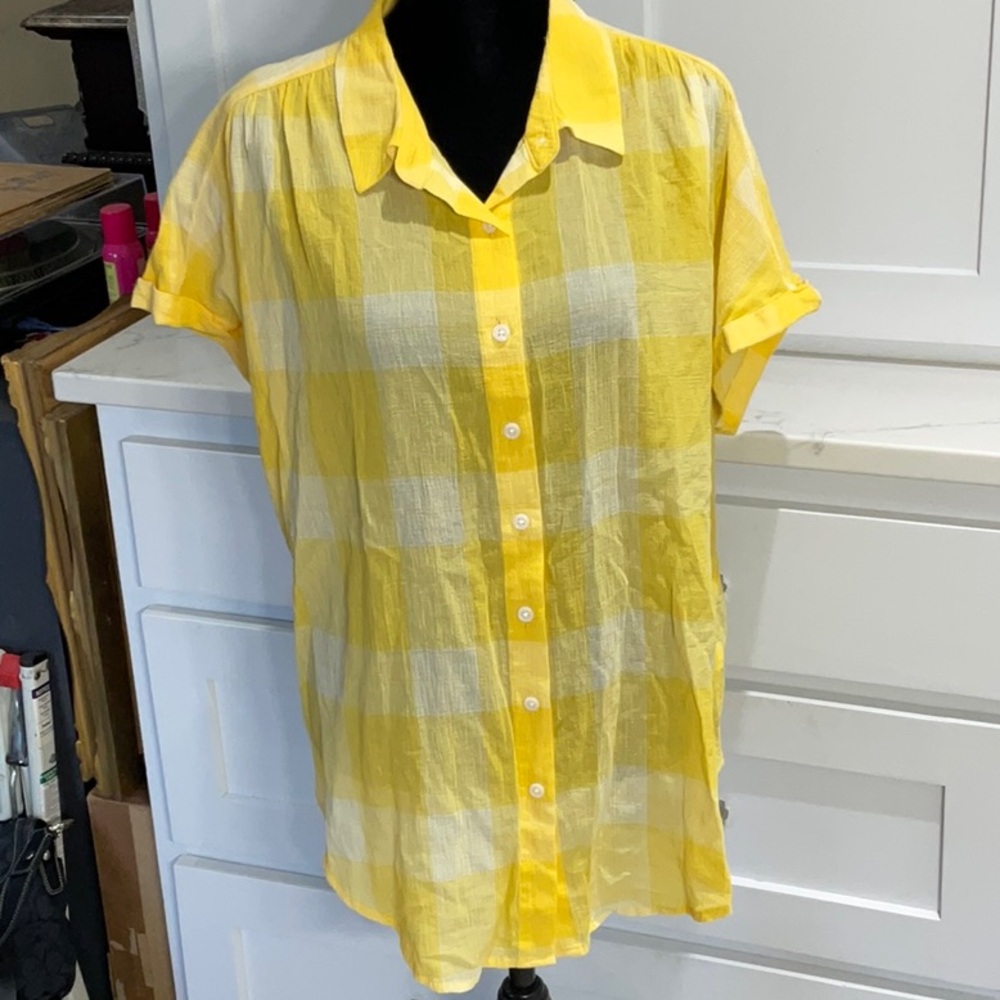 New Yellow and White Plaid AVA & VIV Button Down Short Sleeve Shirt